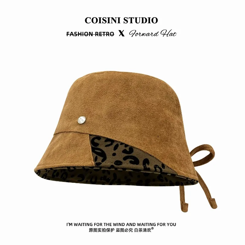 American Retro Stitching Leopard Suede Bucket Hats for Women Autumn Street Fashion Versatile Show Face Small Elegant Basin Cap
