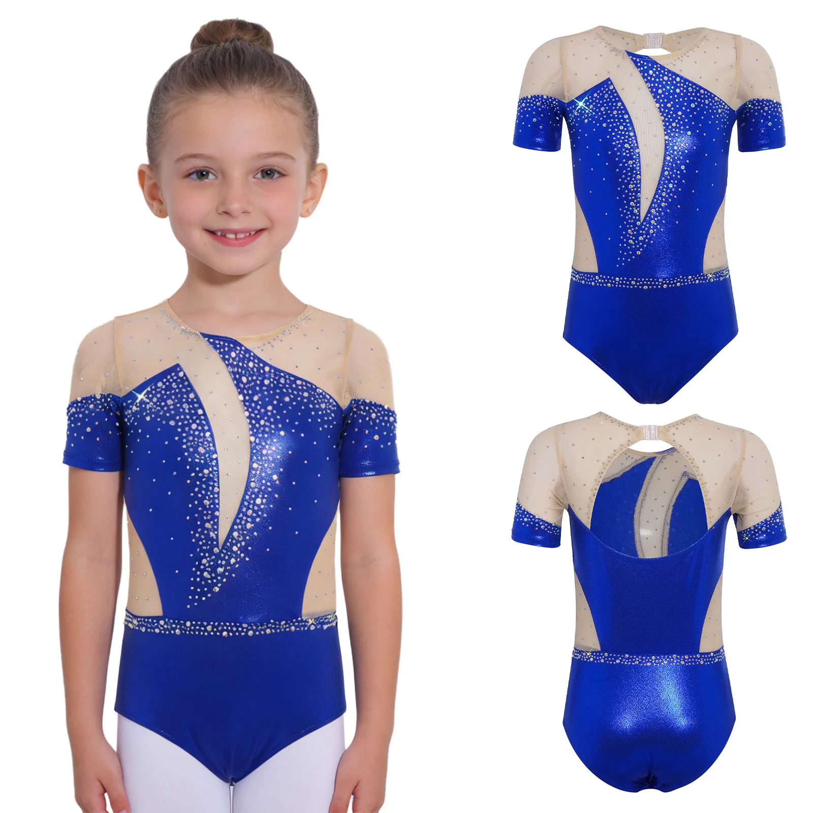 Children Girls Figure Skating Gymnastics Leotard Short Sleeve Metallic Rhinestone Mesh Bodysuit for Ballet Dance Acrobatics