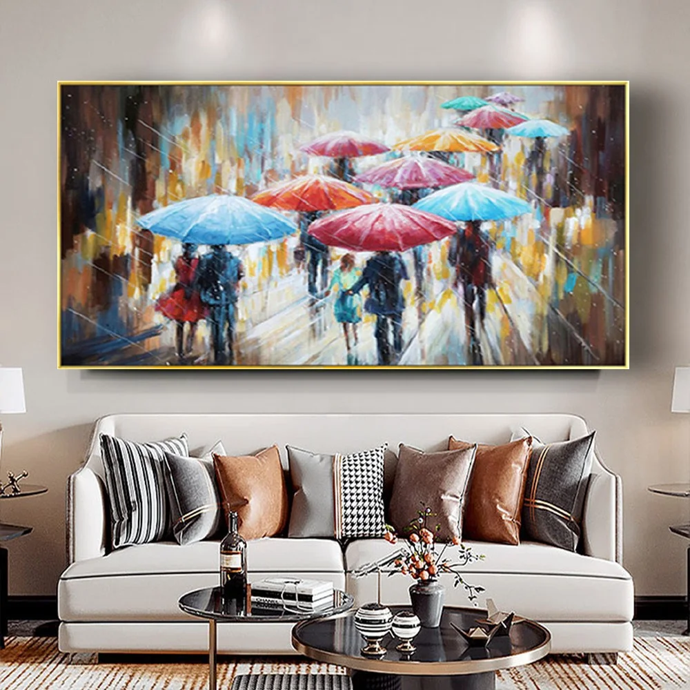 Hand-Painted Oil Painting Pedestrian In Umbrella Street View Decorative Canvas Wall Art Decor Artwork For Living Room Decoration