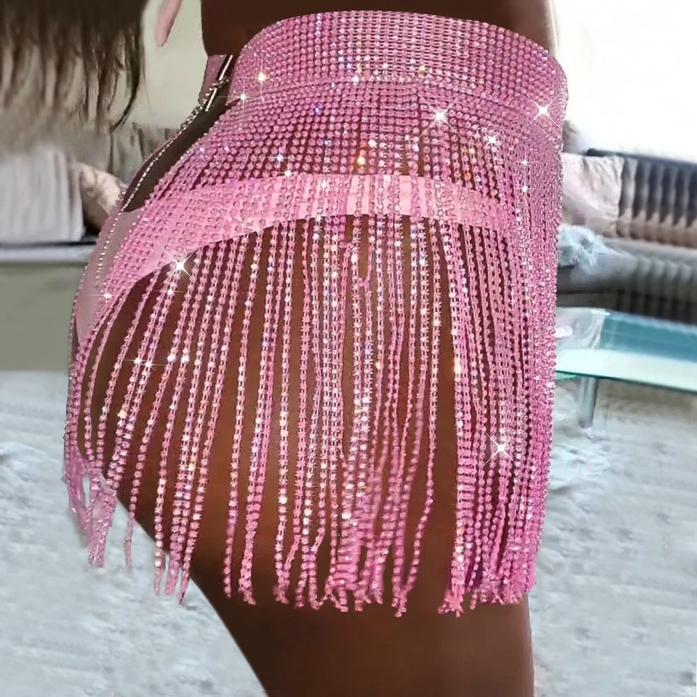 Sexy Women Summer Beach Bikini Mini Skirt Glitter Rhinestone Clothing Long Tassel Skirts Crystal Diamonds Adjustable