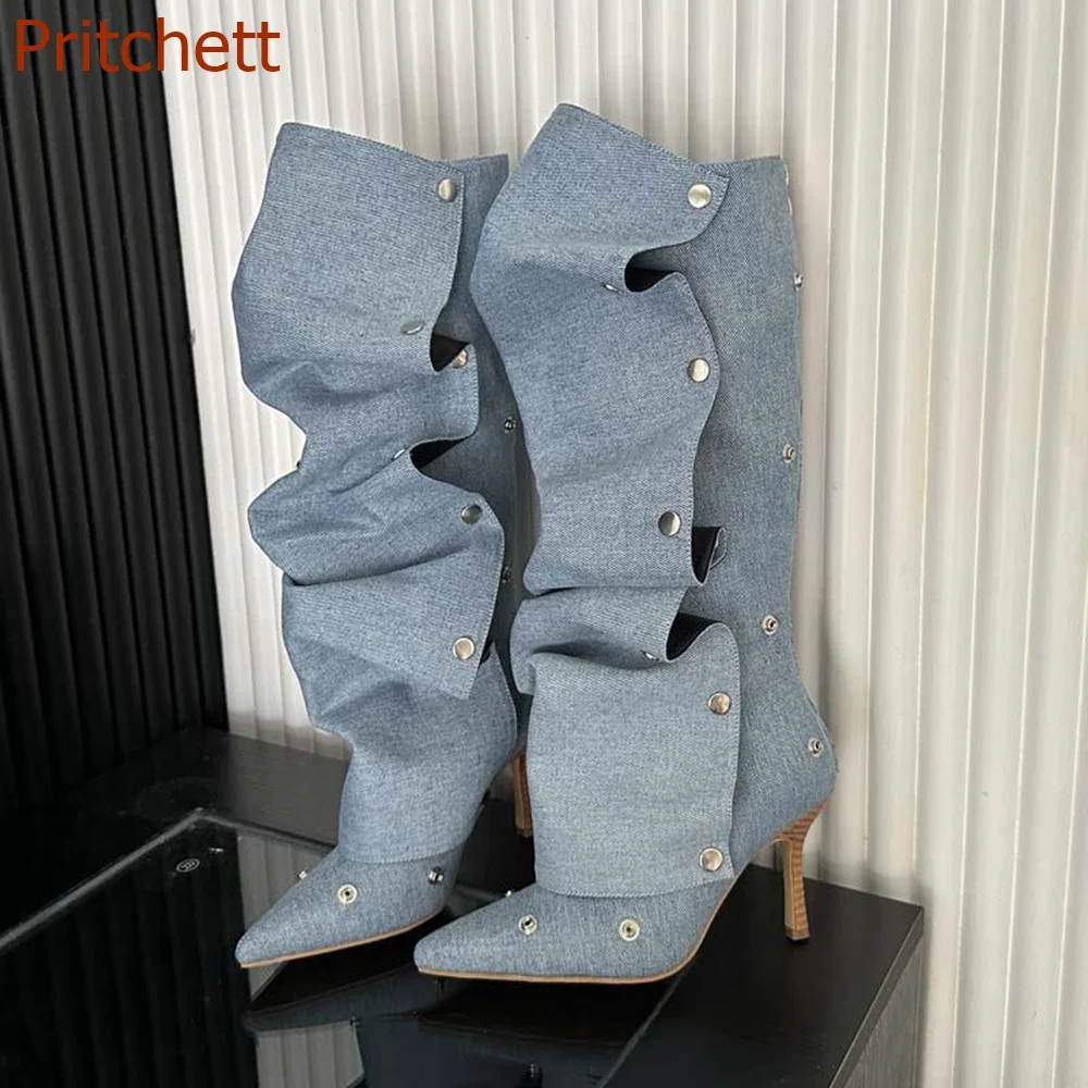 Pointed Toe Thin Heel Women Boots Knee High Solid Fashion Pleated Sexy Party Denim Comfortable Women Shoes 2023 New Arrivals