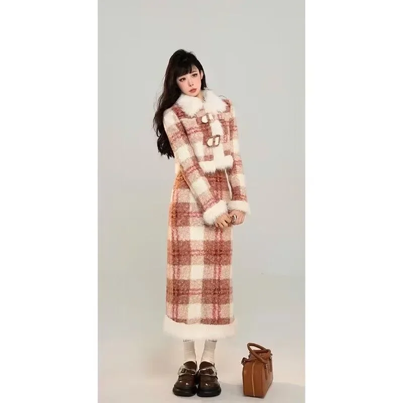 Temperament Plaid Woolen Coat Skirt Two-piece Set Women Korean Plush Patchwork Soft Glutinous Winter Warm Fashion Slim Lady Suit