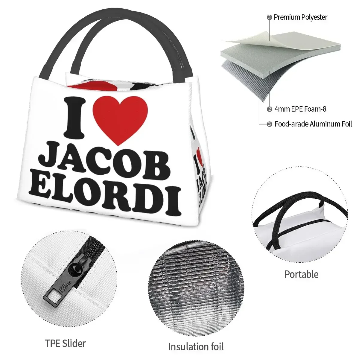 Lunchtaschen im Design „I Love Jacob Elordi“, tragbar, isoliert, Oxford-Kühler, Herz, Thermo-Picknick-Arbeitstasche, Lunchtaschen für Männer