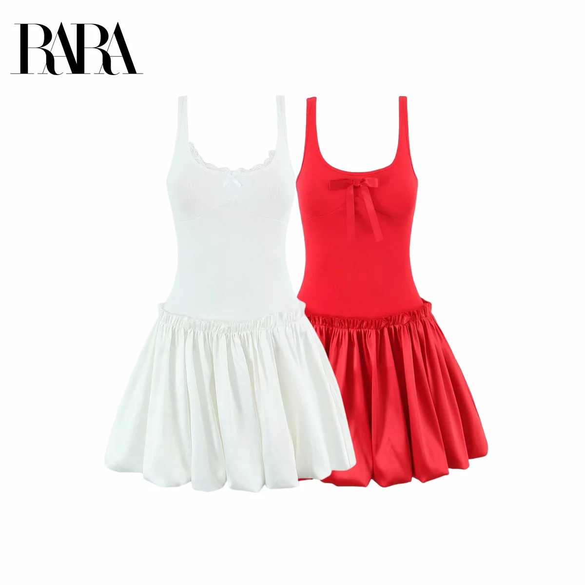 

RARA New Ladies Sleeveless Dress Square Neck with Lace Trim Bow Detail Elastic - waisted Flared Skirt for Trendy Look