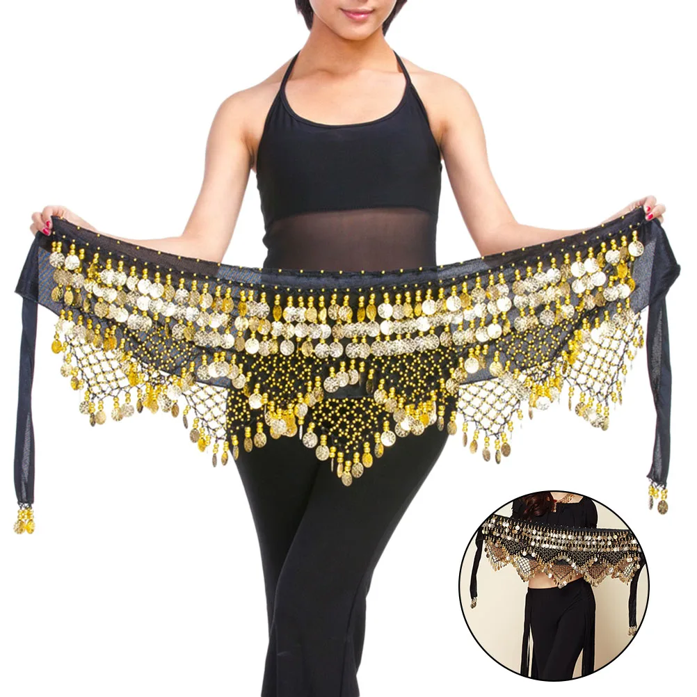 

Waist Chain Belly Dance Hip Scarf Gold Beads Coins Lightweight Chiffon Wrap For Women Belt Dancewear Accessory