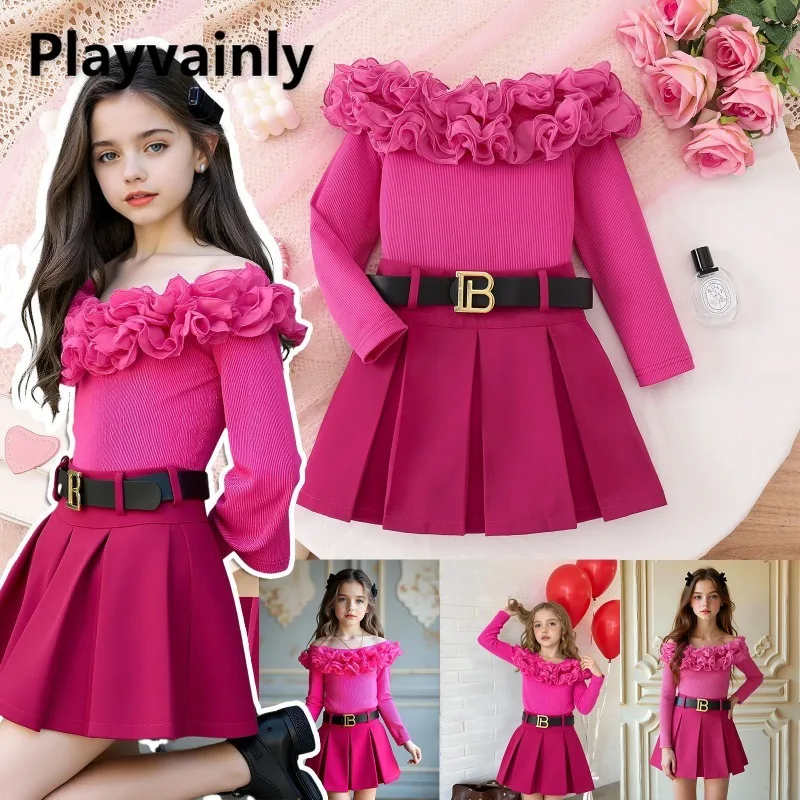 

Новые осенне-зимние комплекты для девочек, розово-красный топ с длинными рукавами и 3D цветочным принтом + плиссированная юбка с поясом, элегантная модная детская одежда X3281