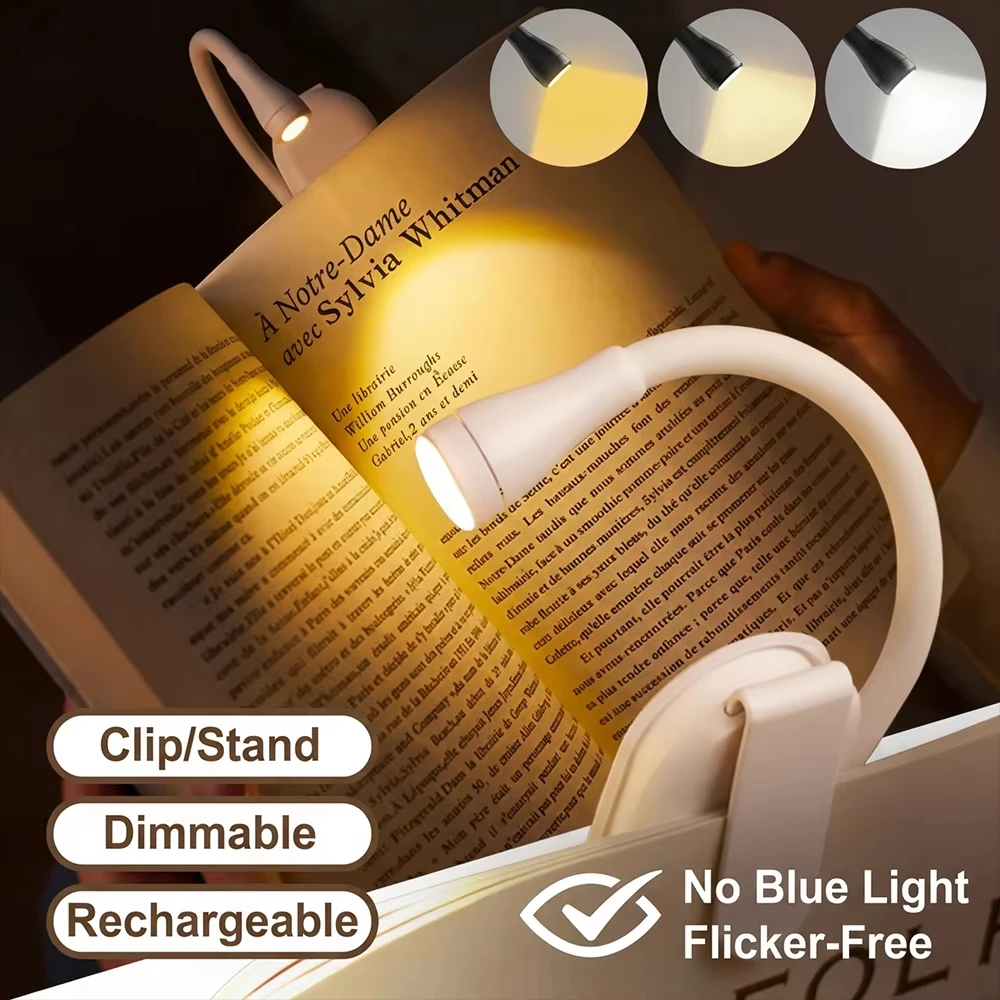 USB Rechargeable LED Reading Light, Mini Clip-on Book Light for Bed, Stepless Dimmable Eye Protection Desk Lamp, Night Light for