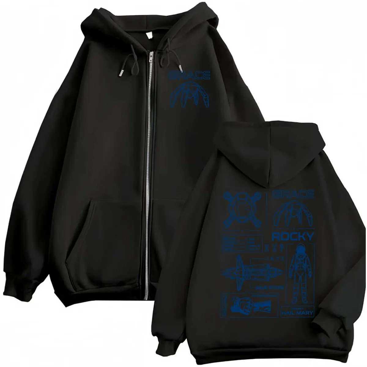 Grace & Rocky Blueprint Zipper Hoodies Project Hail Mary Space Explorer Jacket Sweatshirt Men Women Fashion Humor Zip Up Hooded