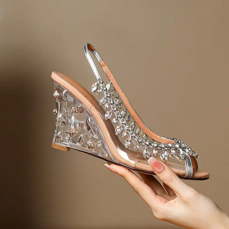 2026 Summer Luxury Boho Women Rhinestone Wedge Sandals Transparent Heel Slip on Elegant Crystal Chain Party Wedding Beach Shoes