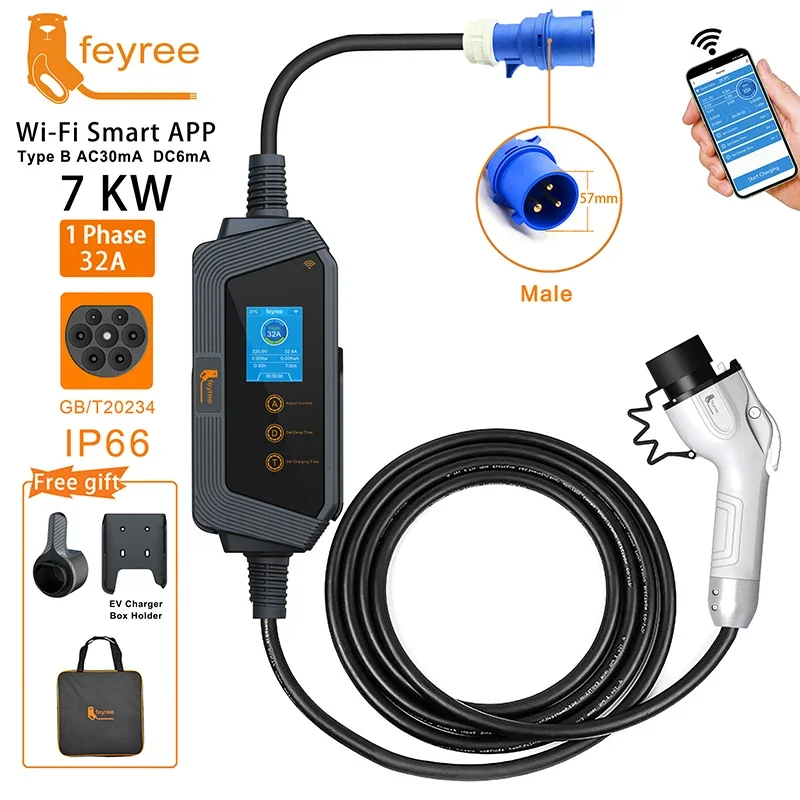 Feyree 7kw 32a carregador ev ajustável gbt soquete app versão bluetooth conjunto tempo de carregamento evse caixa de carregamento para veículo