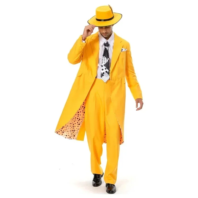 Die Maske Jim Carrey Cosplay Kostüm Herren Gelber Anzug Outfits Halloween Party Rollenspiel Kleidung Für Erwachsene Männer