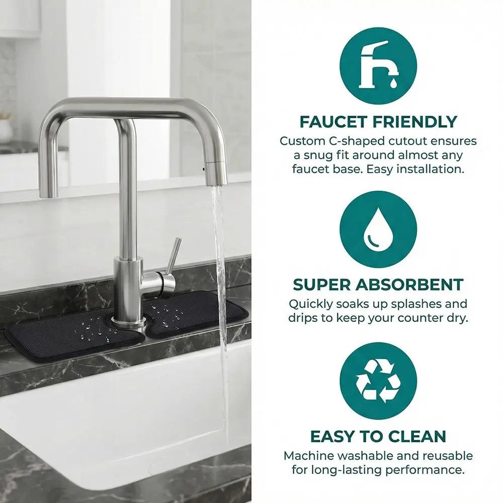 

Microfiber Faucet Splash Catcher Contoured Shape Wraparound Design Sink Splash Guard Absorbent Pad Dish Drying Pads