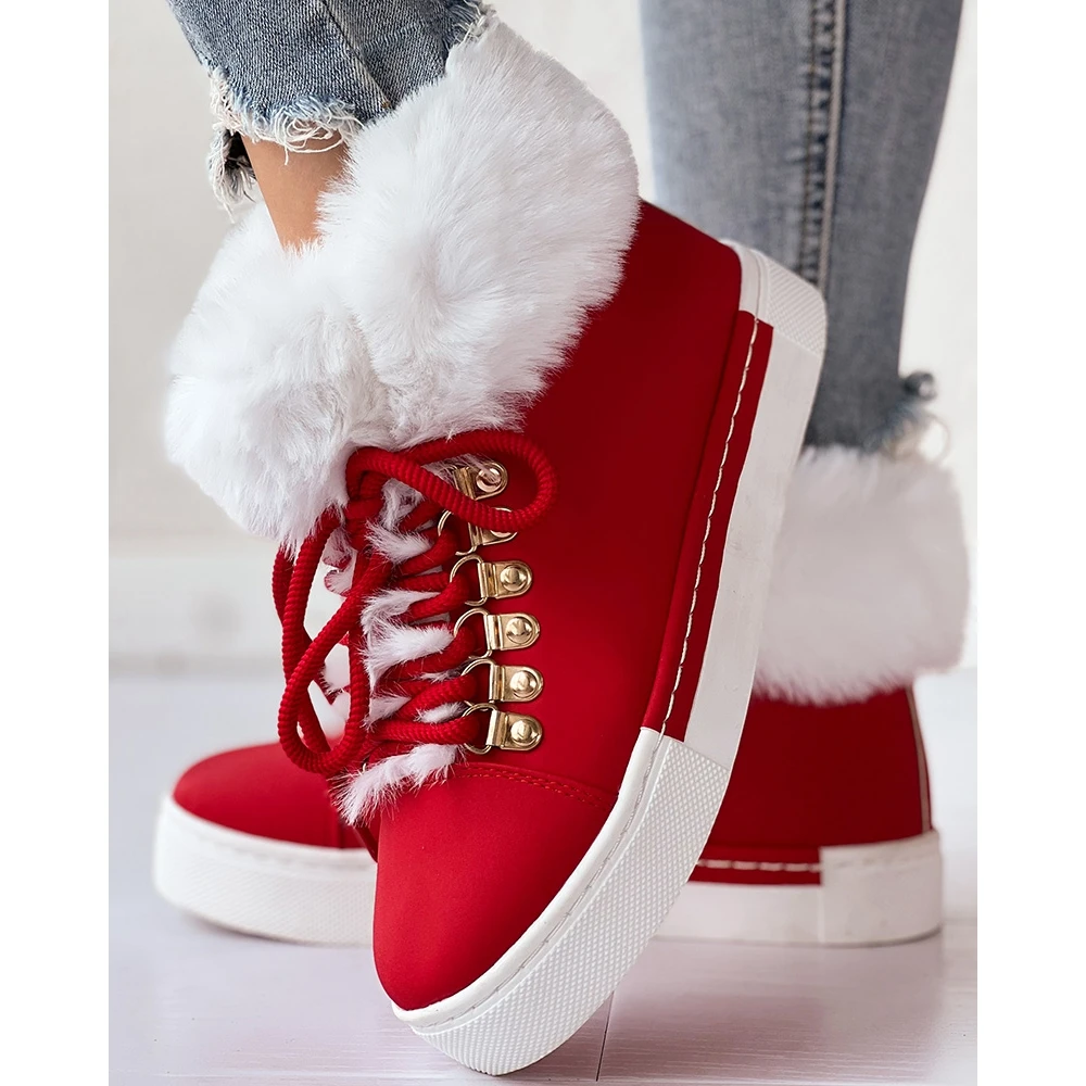 Christmas Winter Women Lace-up Fuzzy Lined Ankle Boots Casual Colorblock Round Toe Flat Ankle Snow Boots Daily Korean Style