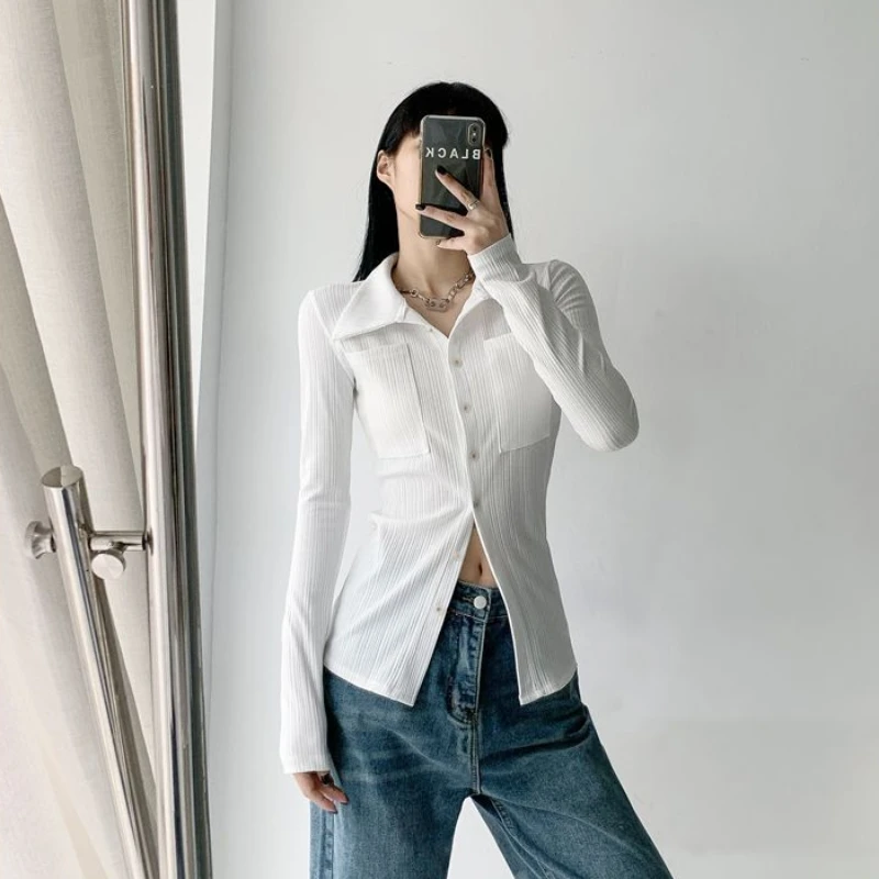 Woman Top Button Up White Spring and Autumn Full Shirts & Blouses for Women Long Sleeve Loose Modern Youthful Clothes Elegant M