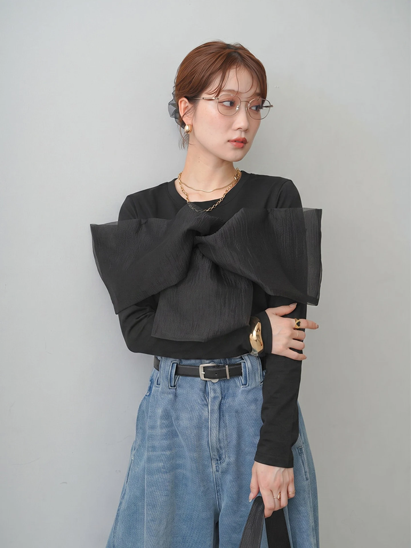 Chic Autumn New Style Women's Long Sleeve T-Shirt with Large Bow Decoration Slimming  Color Top Vintage Style Polyester ...