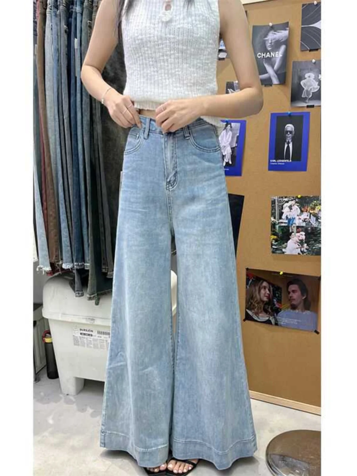 

Ретро джинсы-клеш с высокой талией и широкими штанинами, драпированные, из денима, женские, летние, новые, прямого кроя, длинные, с эффектом похудения