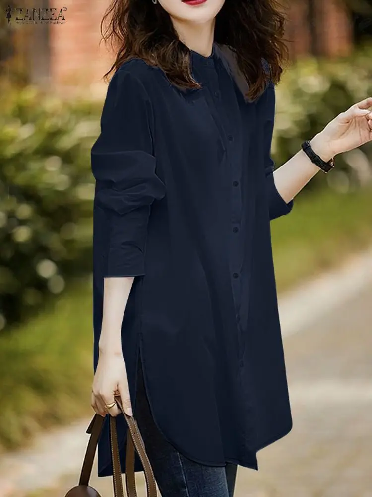 ZANZEA المرأة عادية الأبيض قمصان طويلة 2025 الخريف اليوسفي طوق زر حتى بلون مدورة هيم الجانب الشق قميص S-3XL