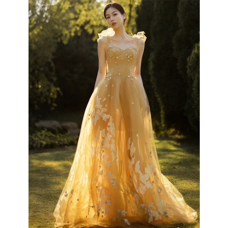 Women's Golden Illusion Cocktail Dresses Elegant Sleeveless Classical Tulle Light Luxuy Floor Length Prom Gown Simple Vestido