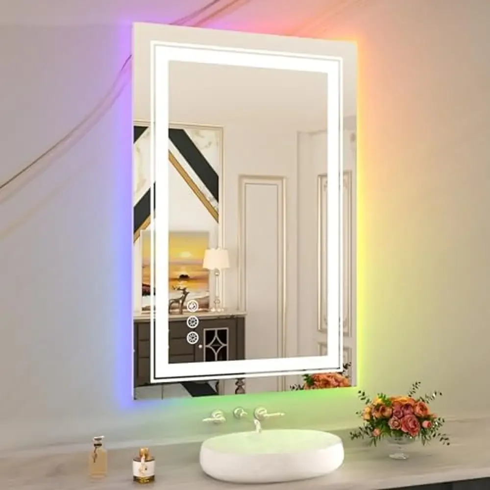 Dimmable Bathroom Vanity Mirror with RGB Backlit Anti-Fog Shatterproof Easy Install Rectangular Shape