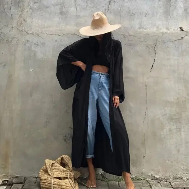 Damesbadpak Bedekt Strandkleding Met Riem Massief Oversized Uitje Bohemian Tuniek Lang Vest Uitverkoop Strandkleding