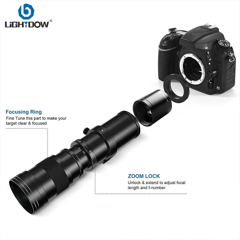 Lightdow 420-800mm f/8.3 Manual Telephoto Zoom Lens With 2X magnifier for Suitable for Photographing the Moon and Flying Birds