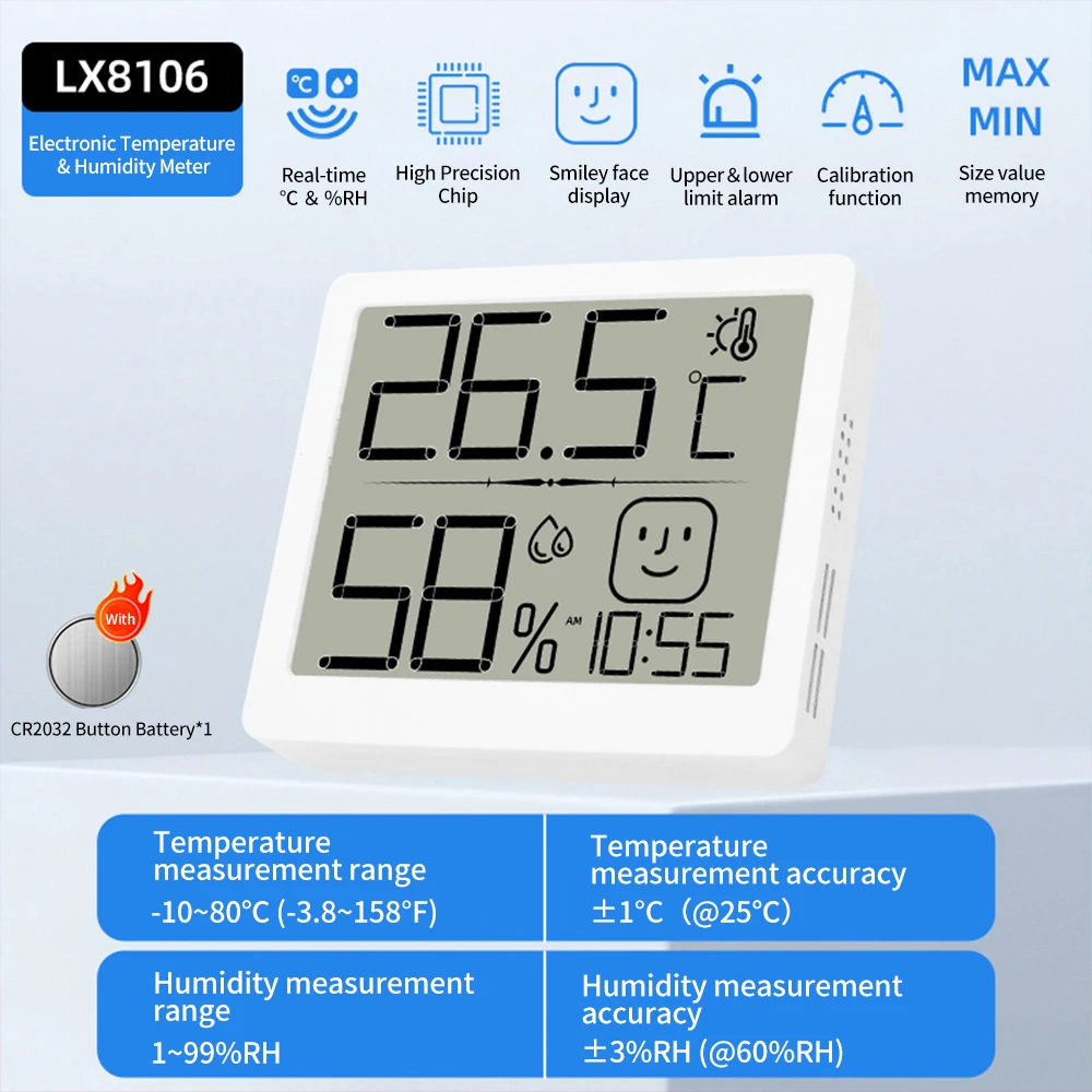 Thermometer Hygrometer Time Alarm Thermo-Hygrometer Digital Temperature Test Meter High-Precision Lcd Indoor Household Room