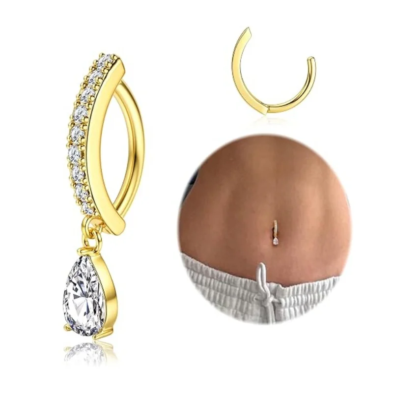 3PCS 14G Stainless Steel  Belly Button Rings for Women Clicker Belly Ring Dangle Belly Piercing CZ Curved Reverse Navel Ring