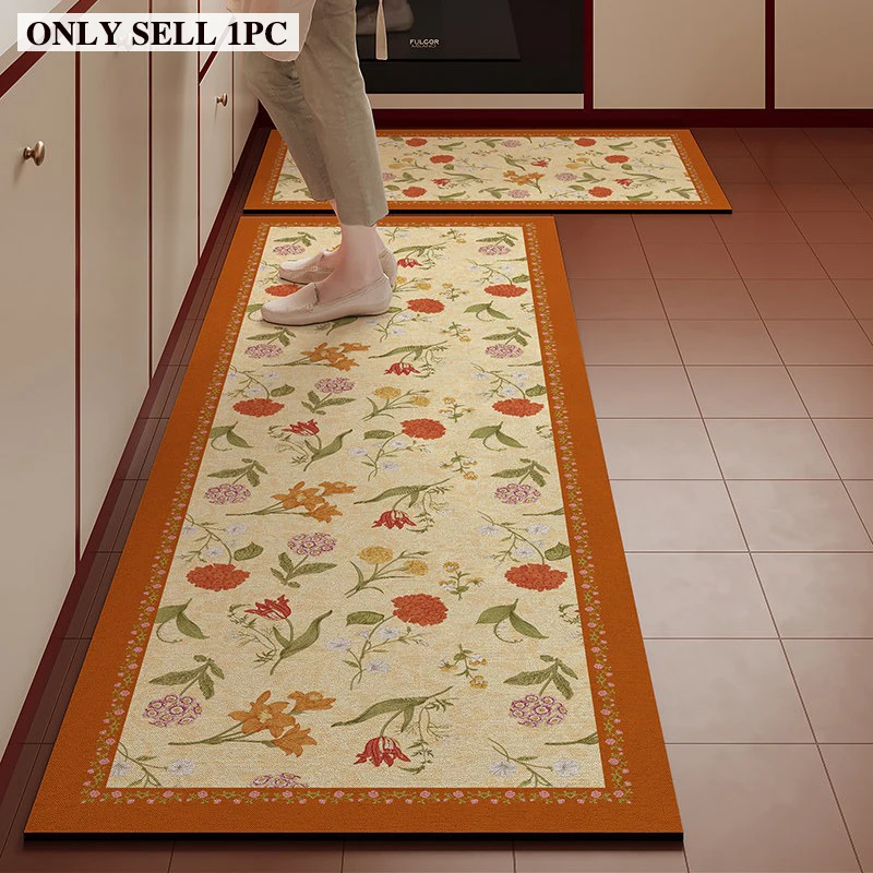 PVC Kitchen Floor Mat Oil-proof Waterproof Non-slip Leather Foot Mats Floral Carpet Long Rug American Style Home Decor Alfombra