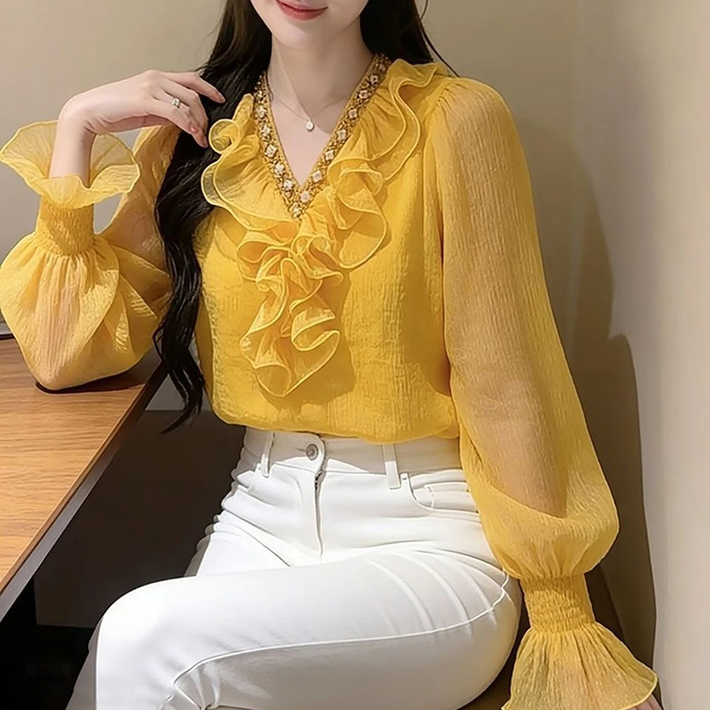 Yellow ruffle edge long-sleeved shirt women's 2026 new important occasion beautiful French light luxury temperament top spring - view 2