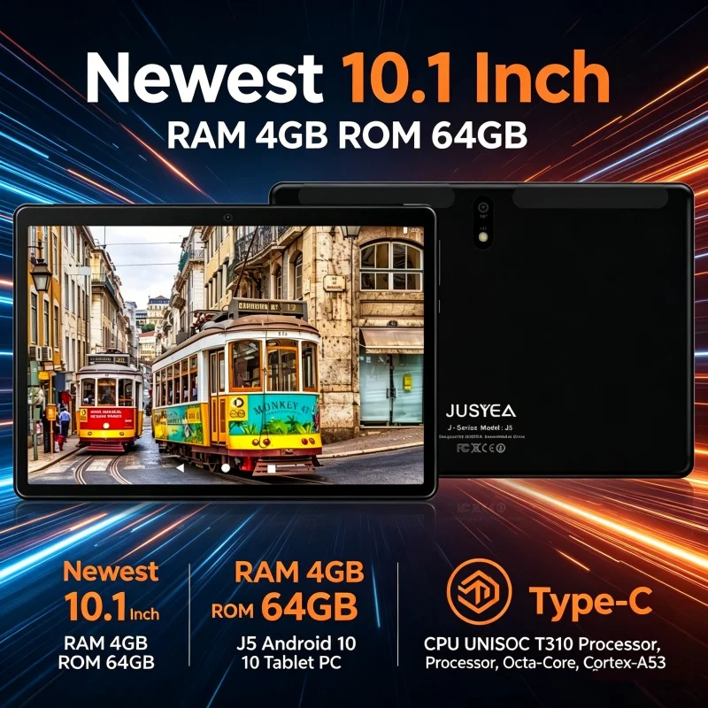 Newest 10.1 Inch A1 RAM 4GB ROM 64GB J5 Android 10 Tablet PC CPU UNISOC T310 Processor, Octa-Core Cortex-A53 Type-C