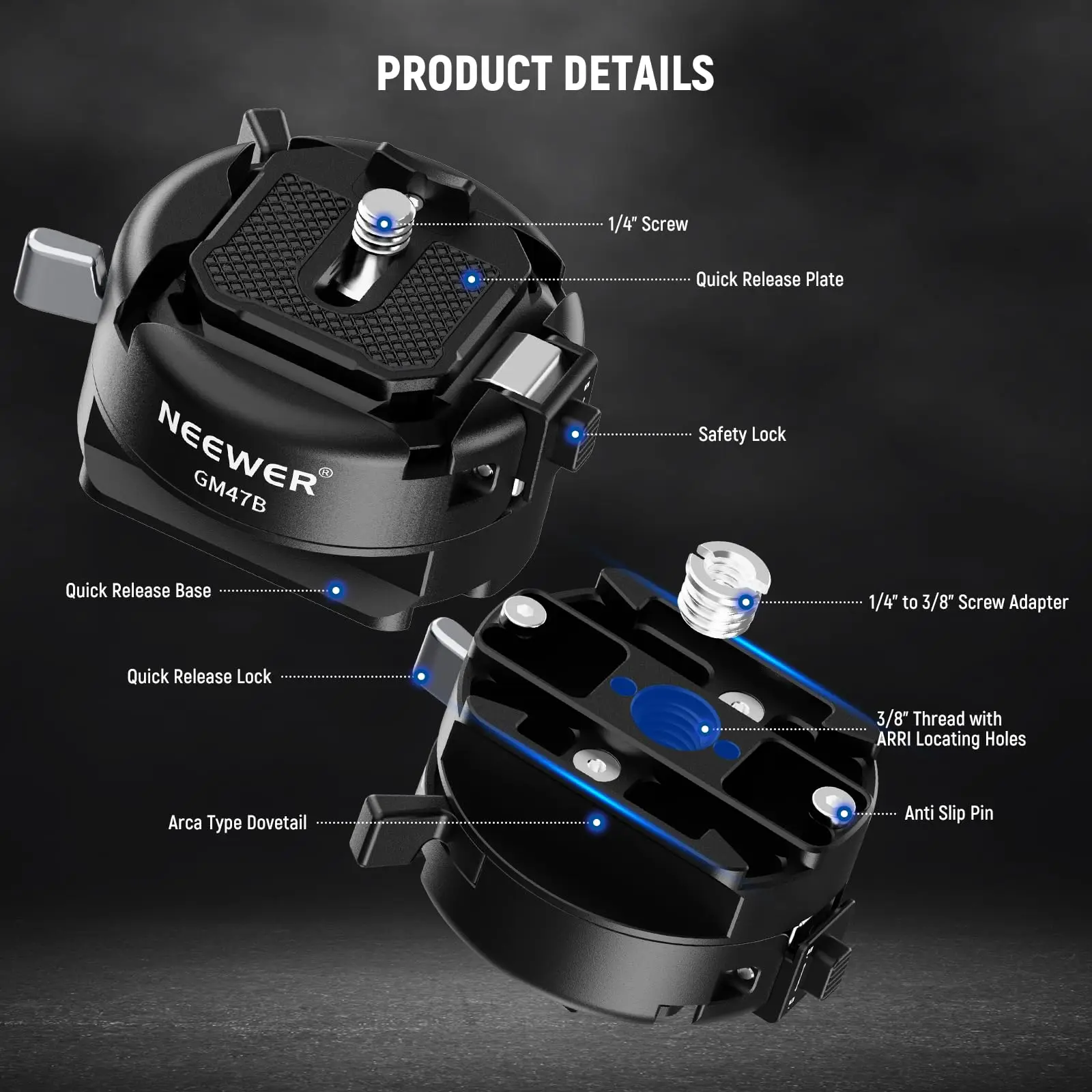 Neewer GM47 Zestaw płyt szybkiego uwalniania kompatybilny z Arca Swiss DJI Ronin RS 4 Pro RS 3 RS 2 Peak Design Capture V3 Camera Clip — zdjęcie produktu 4