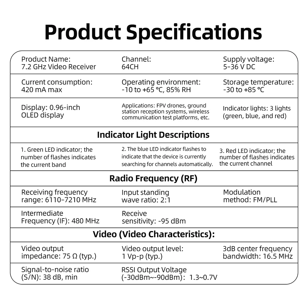 VRX-75DF FPV-Videoempfänger 6,1-7,2 GHz 64-Kanal-Analog für Drohnen mit 0,96-Zoll-OLED-Display – Detail 13