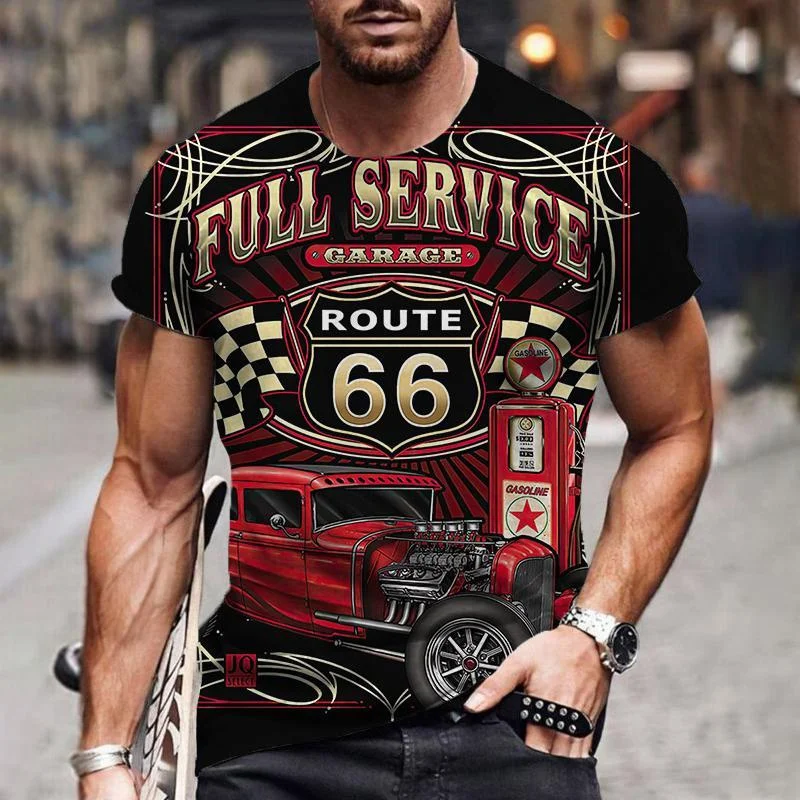 

Summer Hot-Selling Vintage Route 66 Biker Print Men's T Shirt Casual Fashion Short Sleeve Tees Male Streetwear Oversized Top