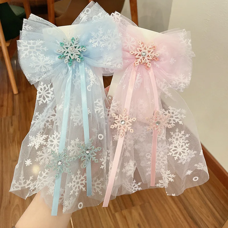 Baby Girls Cute Elegant Mesh Bow Ribbon Clips with Faux Pearl Tassel Decoration Hair Accessories for Party Performance