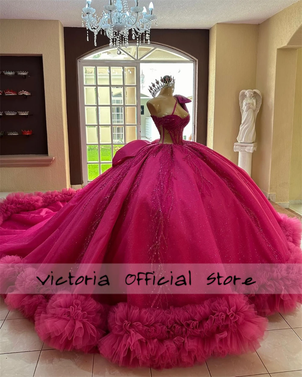 Pretty Hot Pink Princess Quinceanera Dresses 2025 Luxury Beaded Applique Ball Gown One Shoulder Bow Graduation Gown Customized