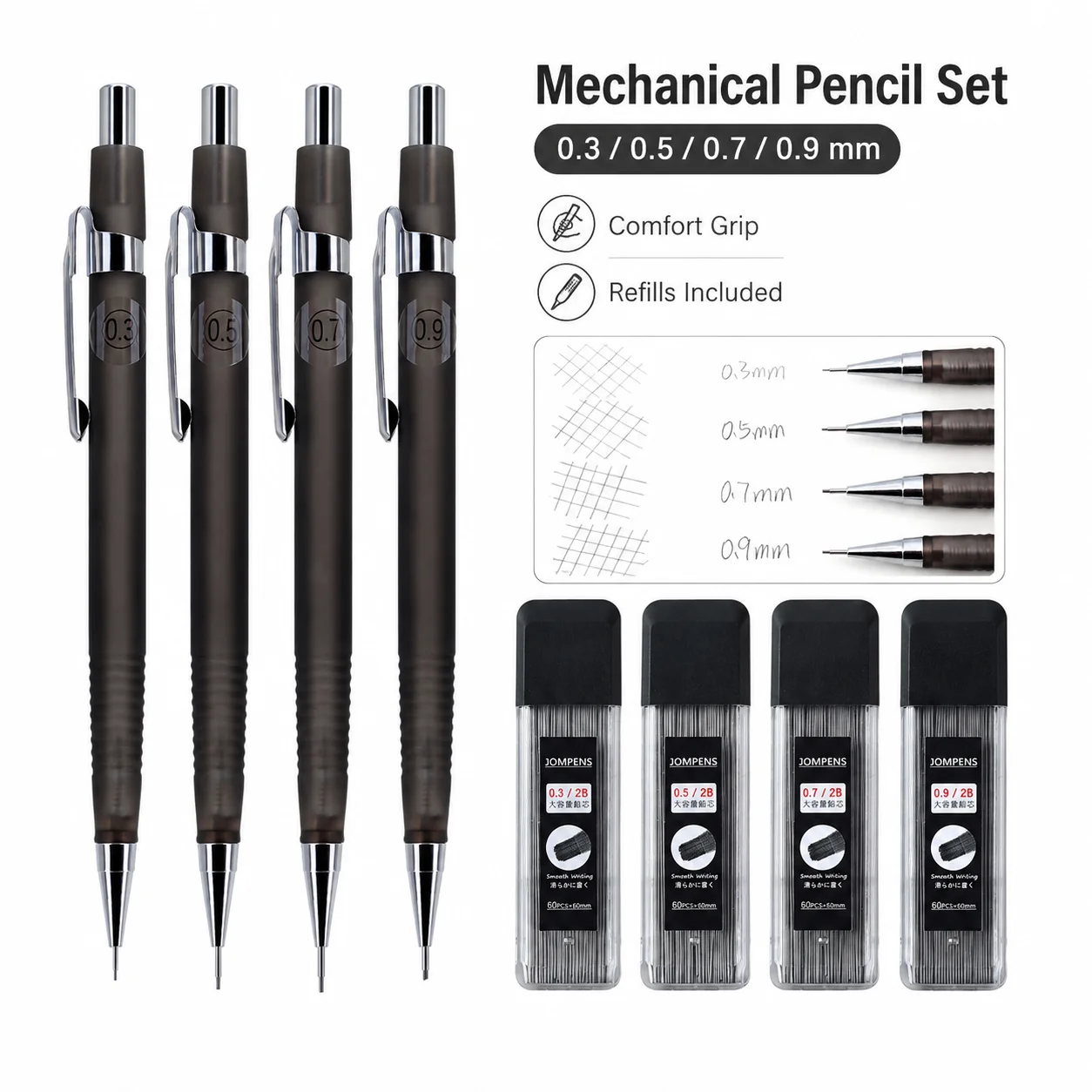 Mechanical Pencil 0.3 - 0.3/0.5/0.7/0.9mm Mechanical Pencil Set with Built-in