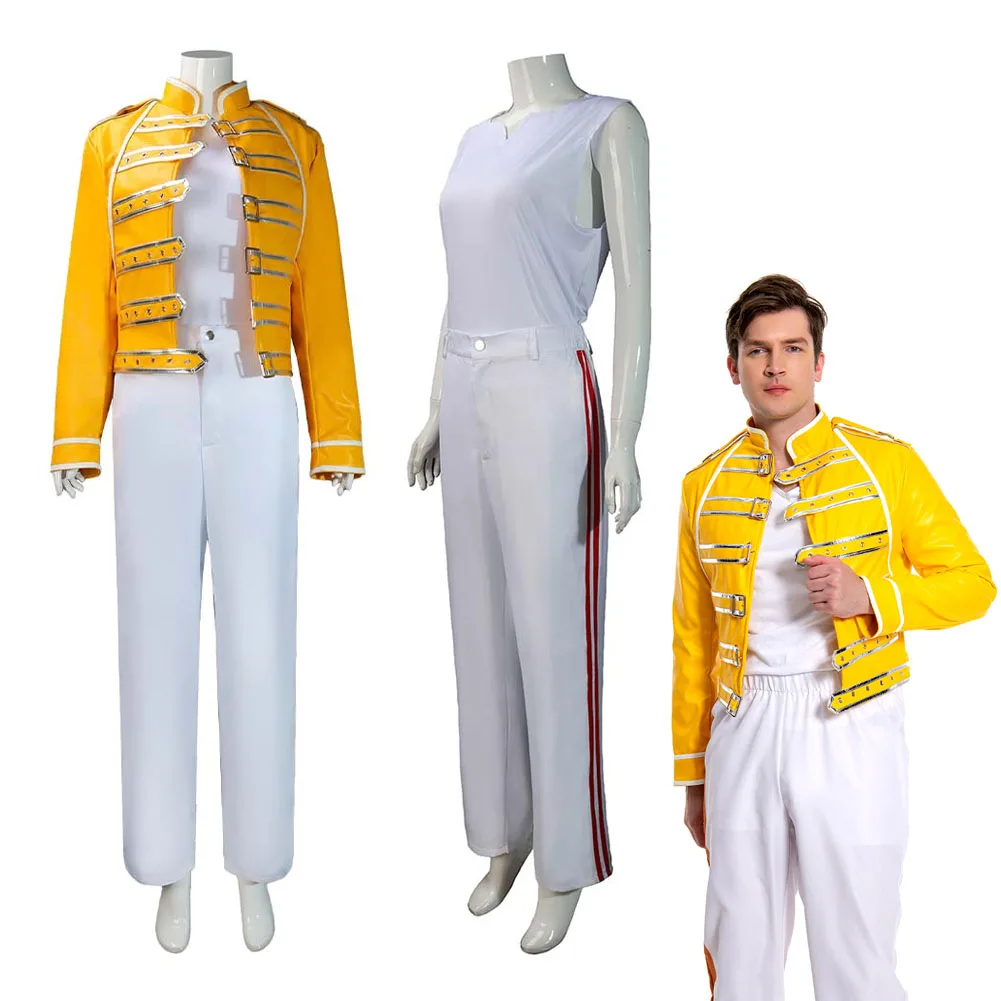 

Freddie Cos Mercury Fantasy Rock Band Disguise Cosplay Costume Adult Men Roleplay Fantasia Outfit Male Halloween Party Cloth