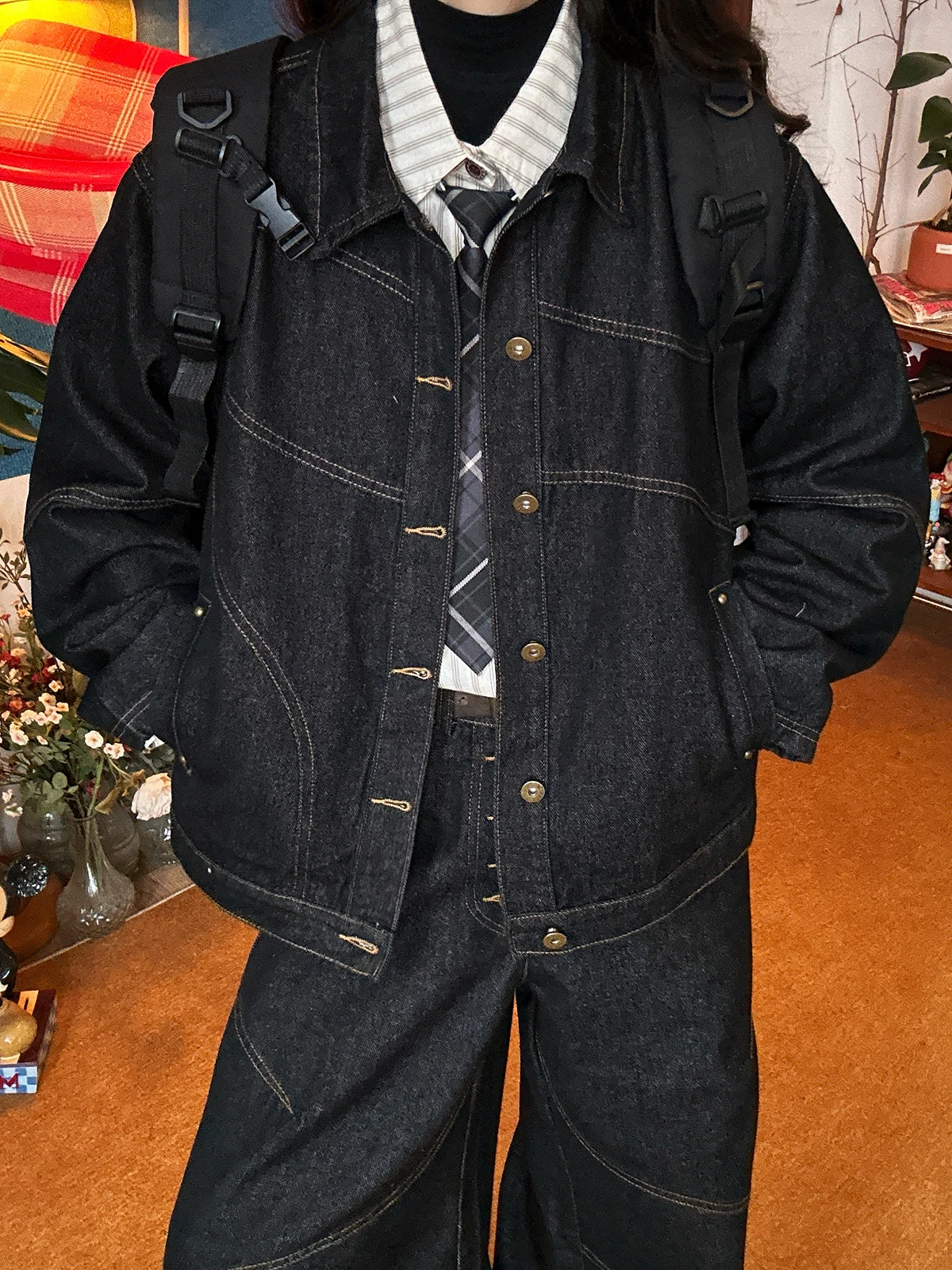 

Retro American Denim Jaet ort Loose Women's Spring New Sle Workwear Sle Button Closure Other Material Outerwear