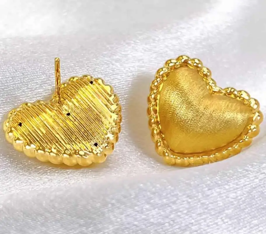 New 24K Yellow Gold Earrings Women 999 3D Gold Big Heart Stud Earrings