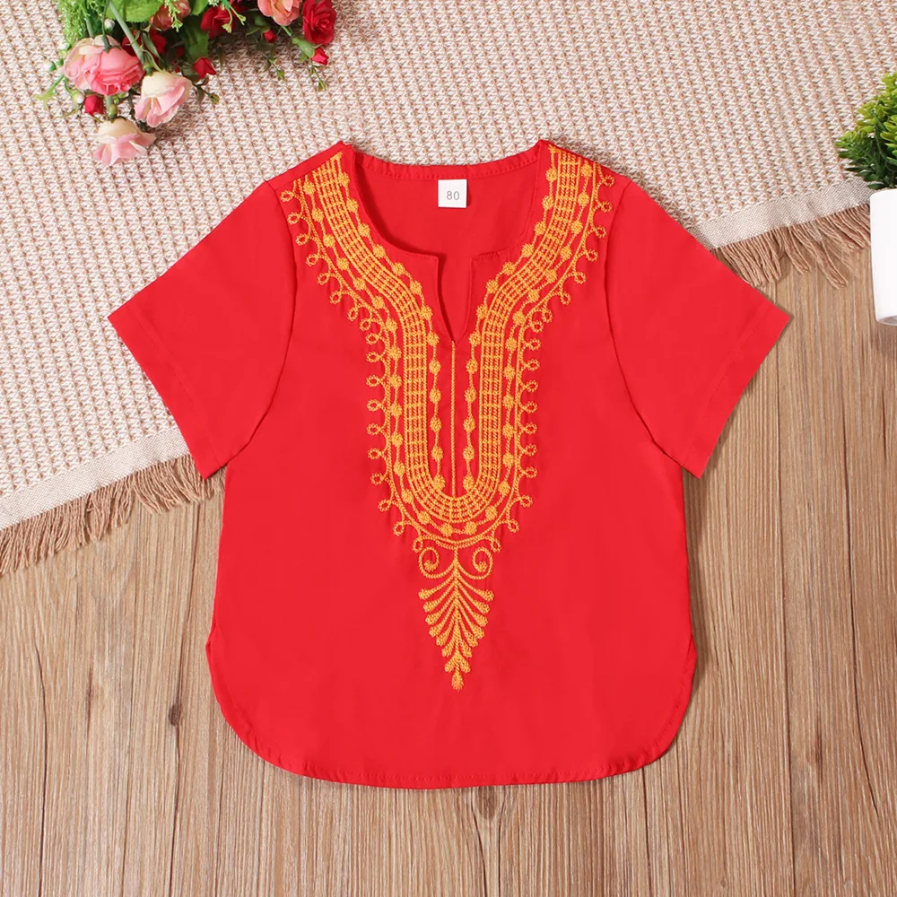 تي شيرت عصري للأولاد المسلمات برقبة على شكل حرف v ملابس أطفال تقليدية Dashiki ملابس صيفية للمهرجان الأفريقي تي شيرت أساسي للأطفال