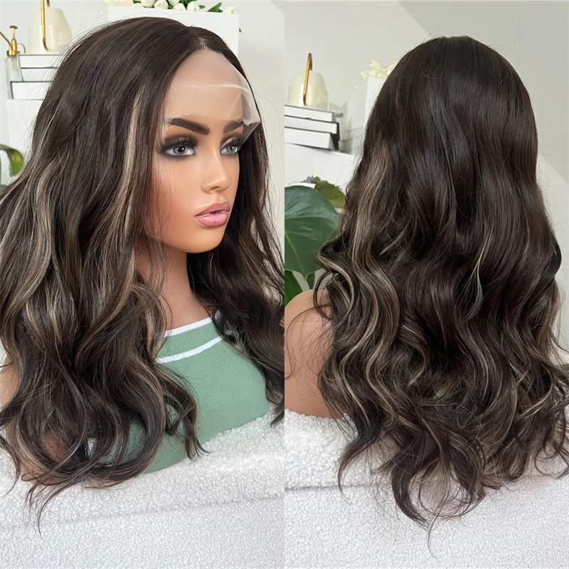 

Парик высокой плотности Темно-коричневый со светлыми полосками Синтетический парик фронта шнурка Предварительно выщипанные волосы Бесклеевые парики Парик с натуральной объемной волной