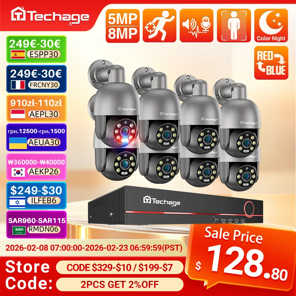 Techage H.265 8CH 5MP 8MP POE Smart Security PTZ Camera System Ultra HD Outdoor CCTV System Full Color Night Surveillance Kit