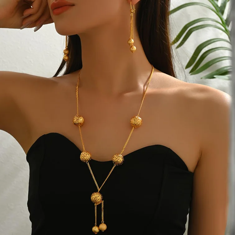 

9999 gold extended chain handcrafted beads gold set Arabian necklace Southeast Asian style collar chain