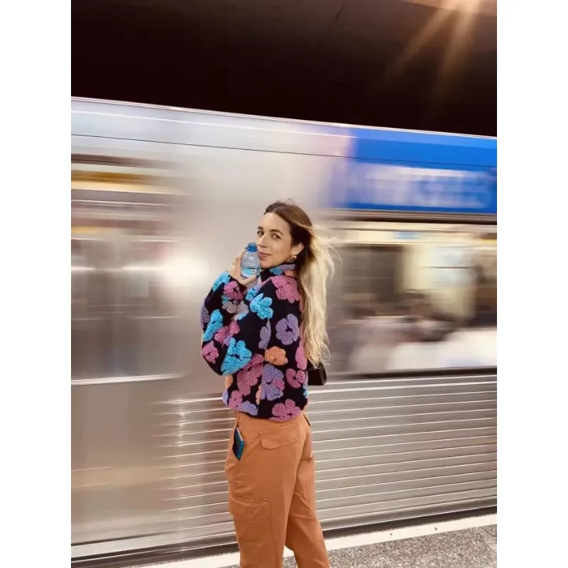 Women's Clothing Autumn Winter Coat Sweatshirt New Retro 3D Flowers Charm Loose Zipper Cardigan Coats Streetwear Short Jacket