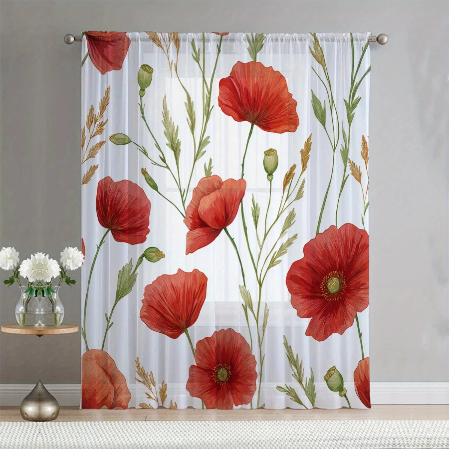 2PCS Digital Print Sheer Curtains, Red Poppy Flower Pattern, Vintage Oil Painting Style for Living Room Home Window Decor