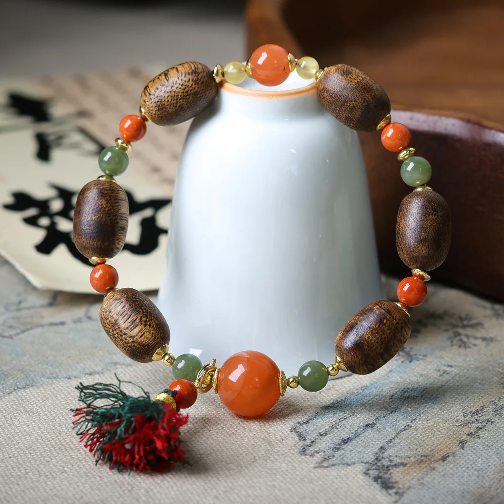Green Chinaberry Incense Wood Date Bead Bracelet Original Wenchuan Nanhong Agate and Field Jade Chinese Style Bracelet