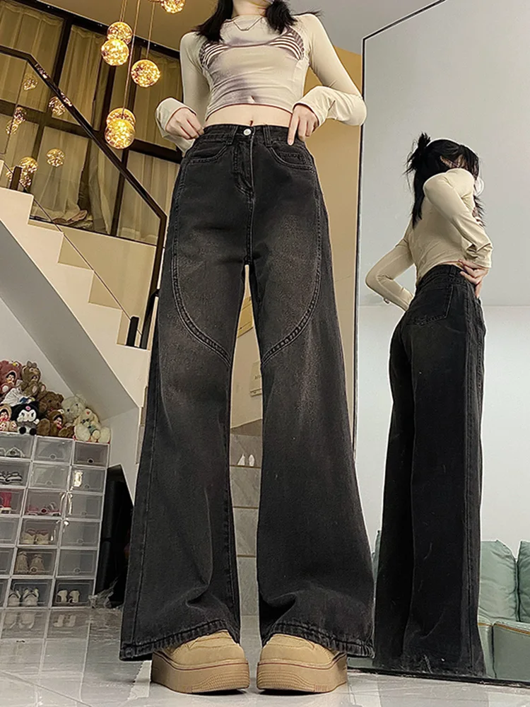 

WCFCX STUDIO Vintage Straight Jeans Women Autumn New American High Waist Wide Leg Mopping Pants Casual Denim Pants