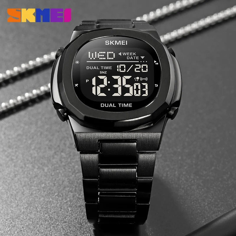 SKMEI Electronic Watch Stainless Steel Fashion Men\'s Watches Countdown Stopwatch Led Light Sport Digital Wristwatch Original