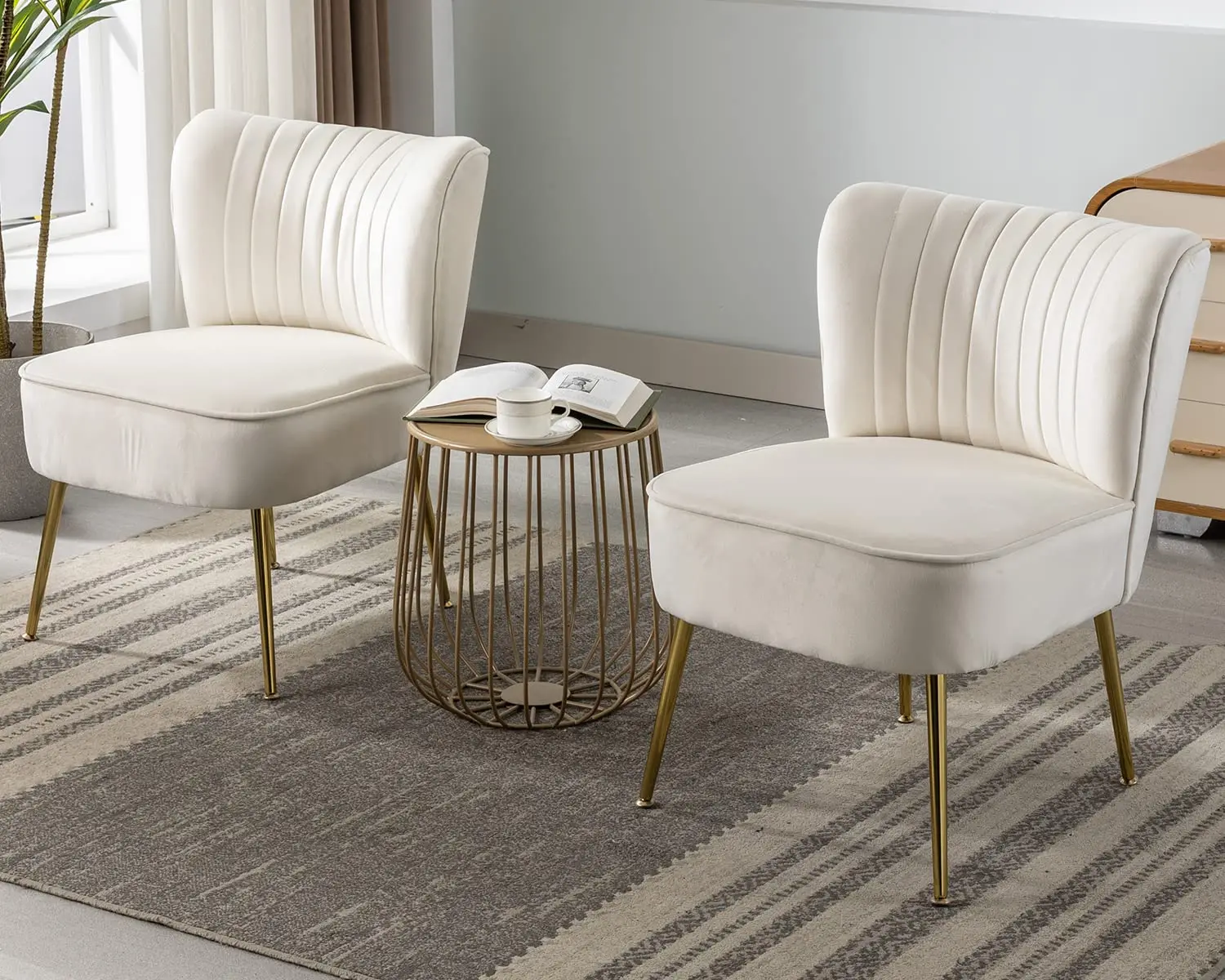 Velvet Accent Chair Set of 2, Bedroom & Living Room Side Chair with Golden Legs, Mid Century Armless Wingback, Beige, Customized