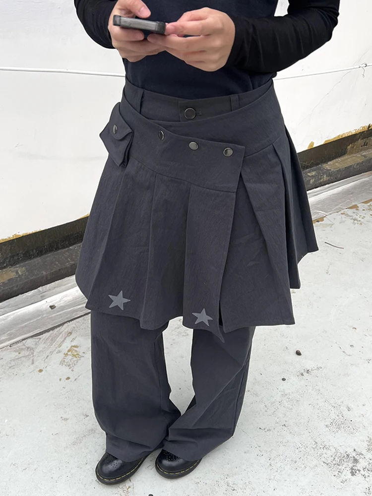 REDDACHiC Women Retro Gray Suit Trousers Grunge Skirt Detachable Loose Star Print Draped Pleats Bell Bottoms Korea Streetwear